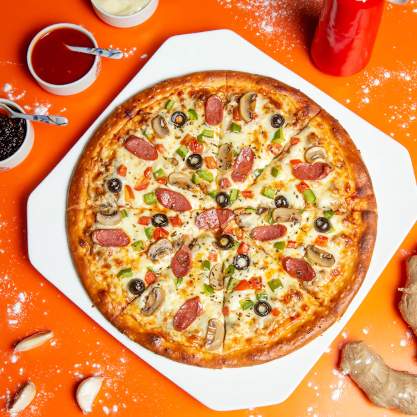 A pizza with sausage, mushrooms and olives